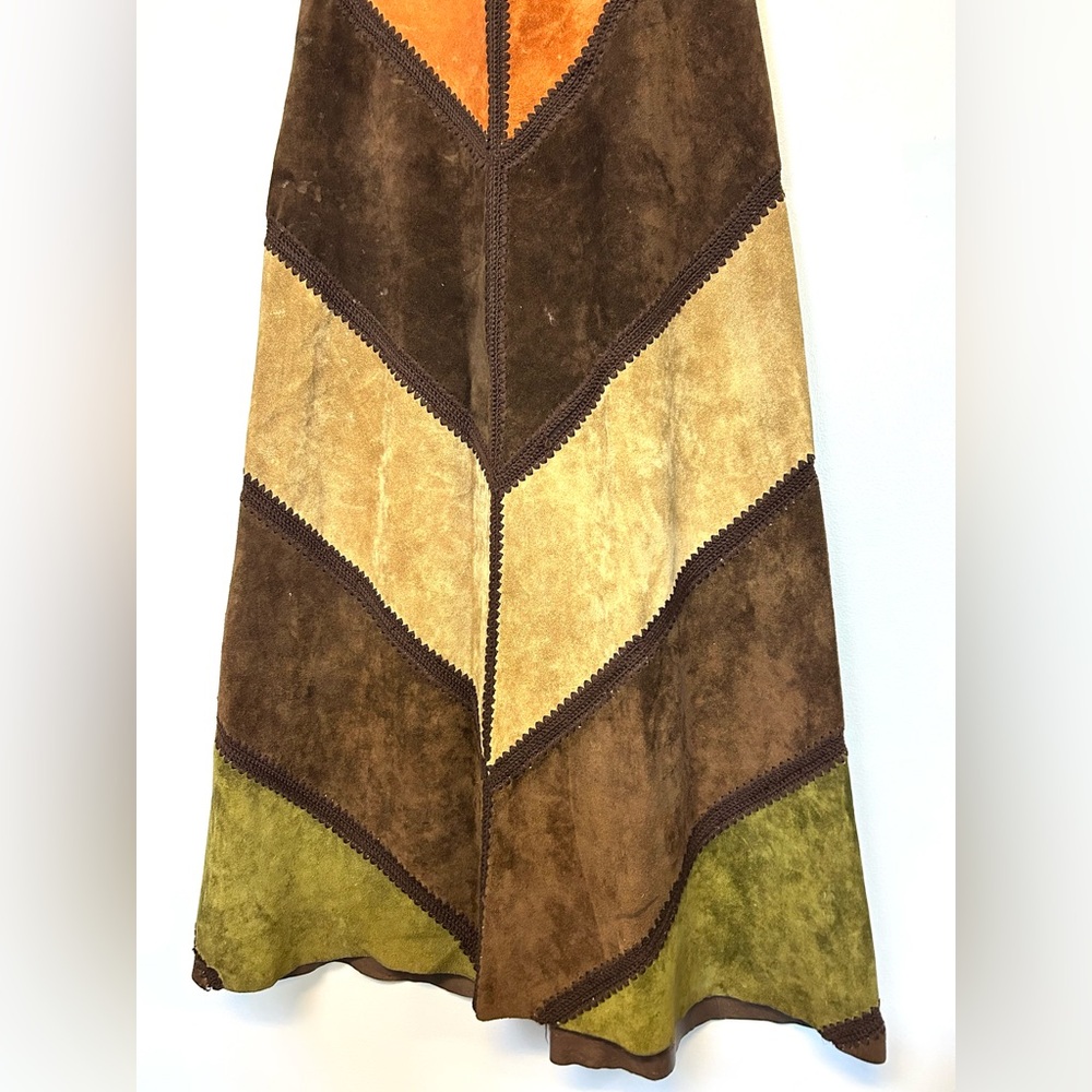VTG 70s Saks Fifth Avenue Patchwork Suede Maxi Skirt Boho Hippie Chevron Small - Picture 3 of 16